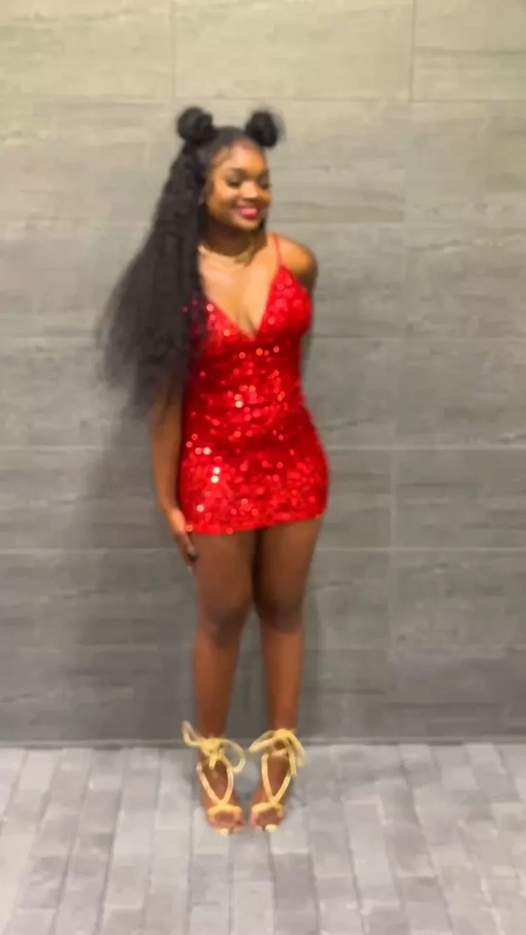 18th Birthday Outfit Red Sequins V Neck Homecoming Dress For Black Girls Y324