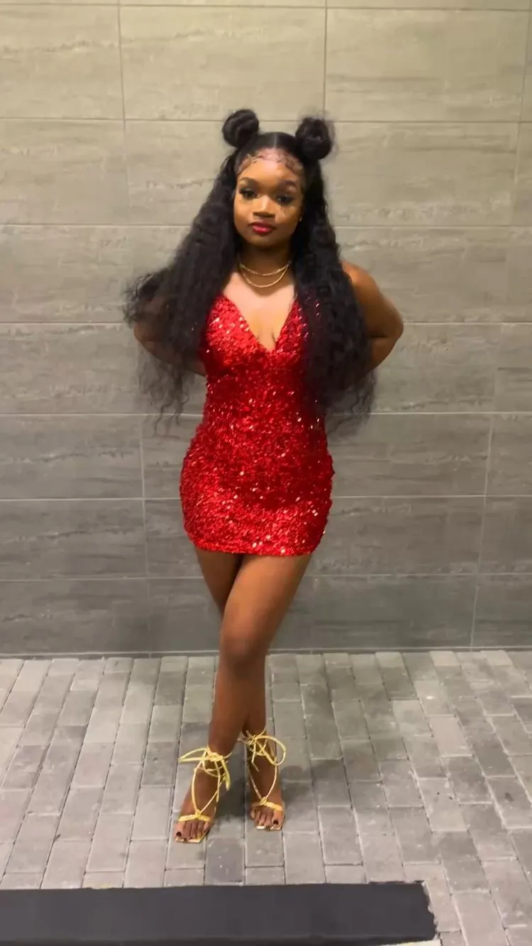 18th Birthday Outfit Red Sequins V Neck Homecoming Dress For Black Girls Y324