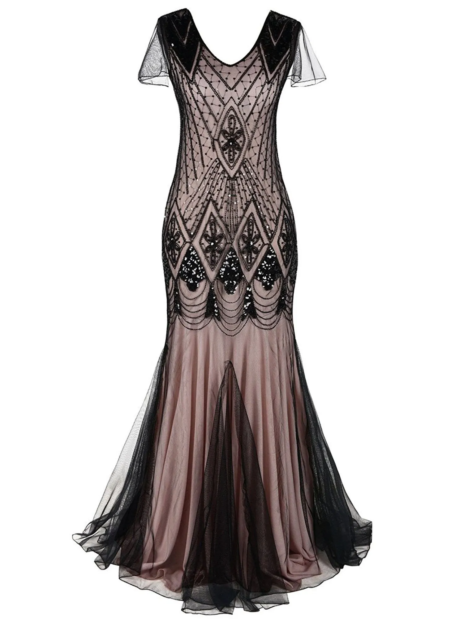 1920s Cap Sleeve Sequin Evening Dress