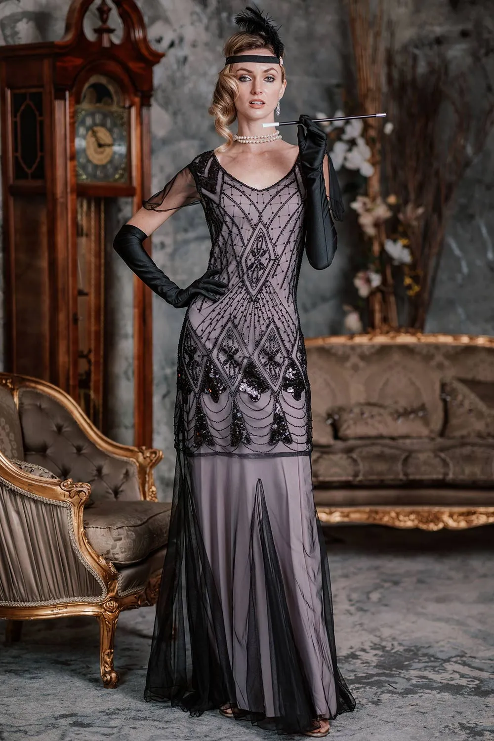 1920s Cap Sleeve Sequin Evening Dress