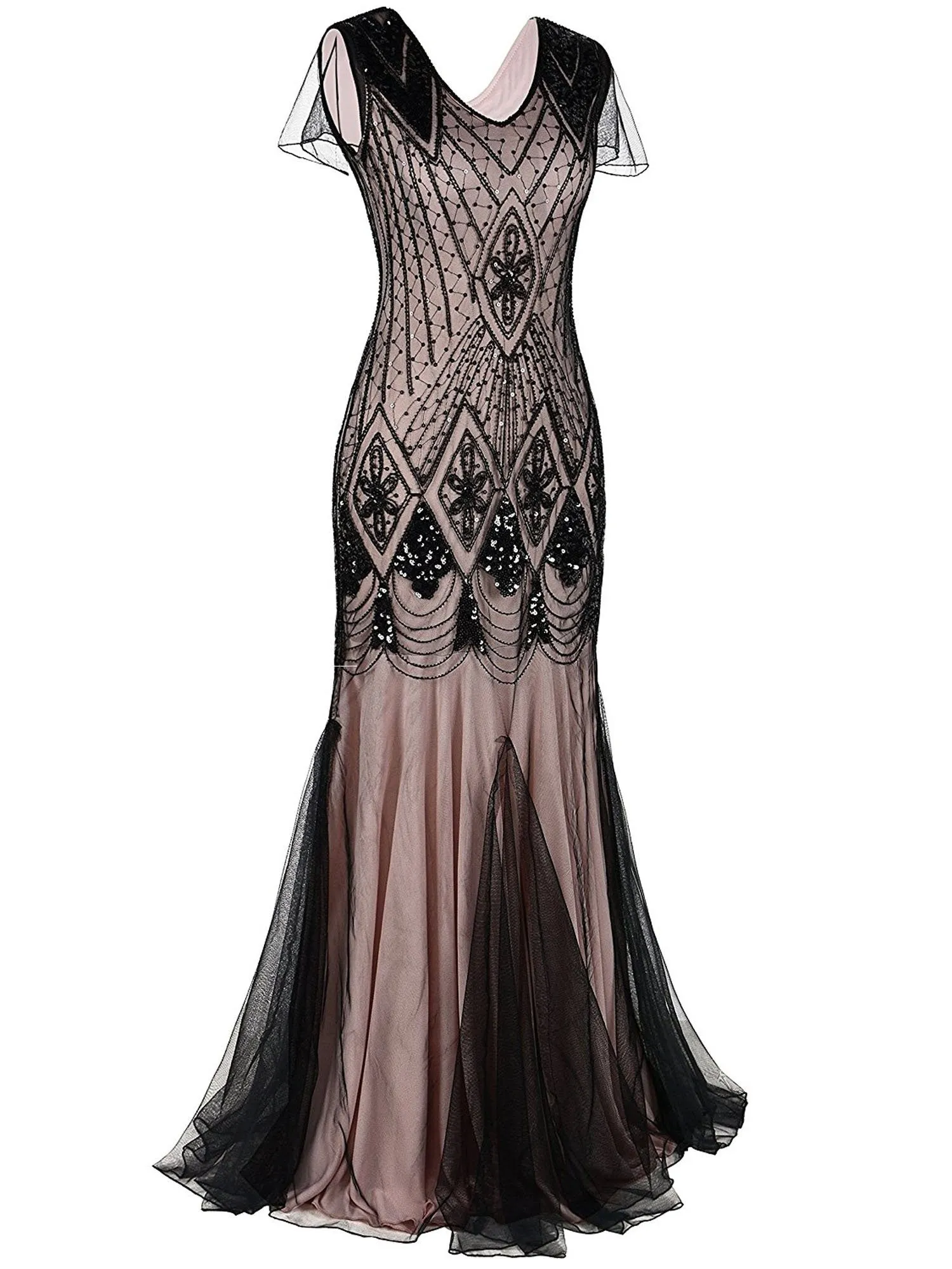 1920s Cap Sleeve Sequin Evening Dress