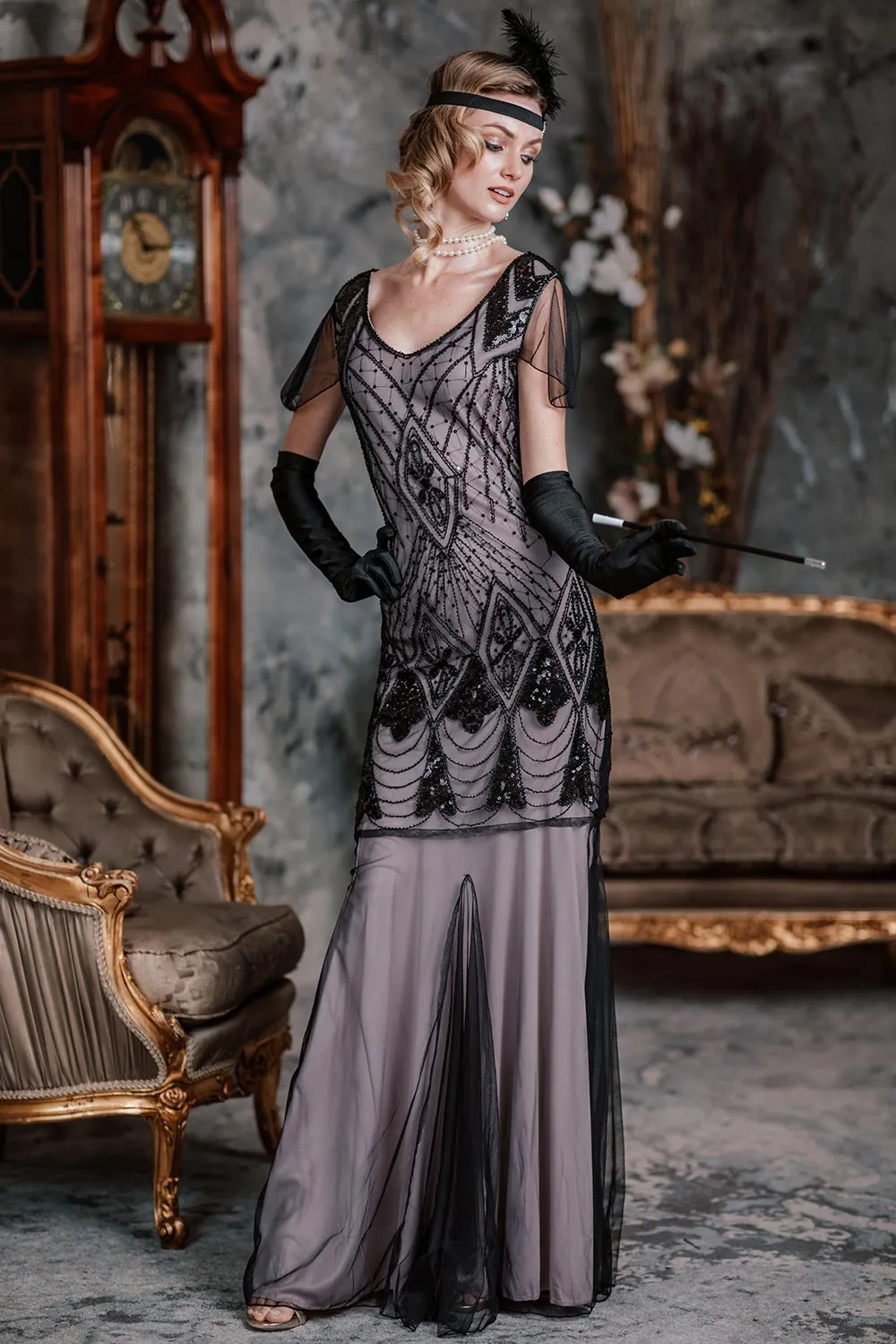 1920s Cap Sleeve Sequin Evening Dress