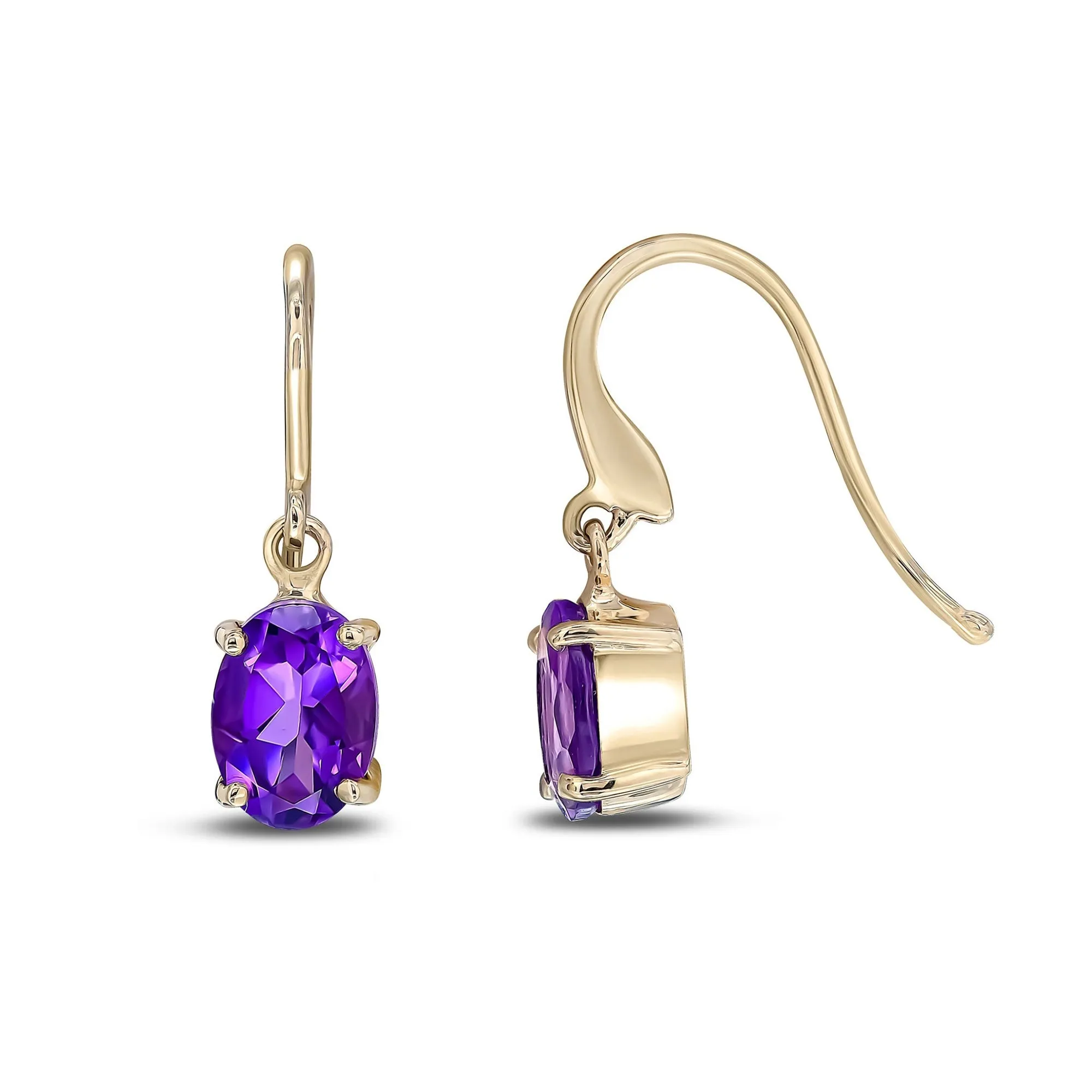 9ct Yellow Gold Amethyst Oval Claw Set Hook Earrings