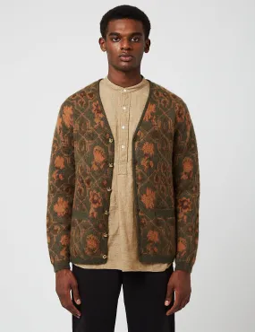 Beams Plus Botanical Pattern Jacquard Cardigan - Olive Green