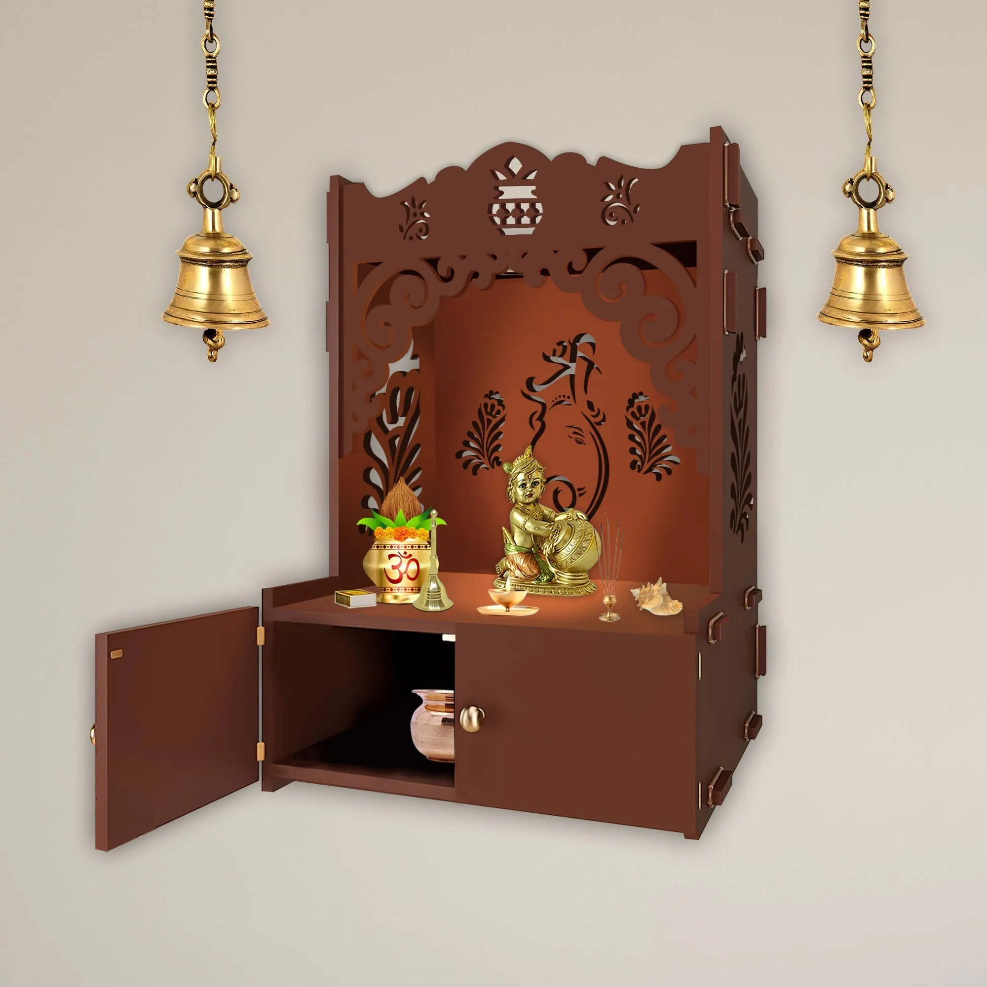 Beautiful Design of Lord Ganesh Brown Wooden Wall Temple for Home With Inbuilt focus Lights & Spacious Shelf