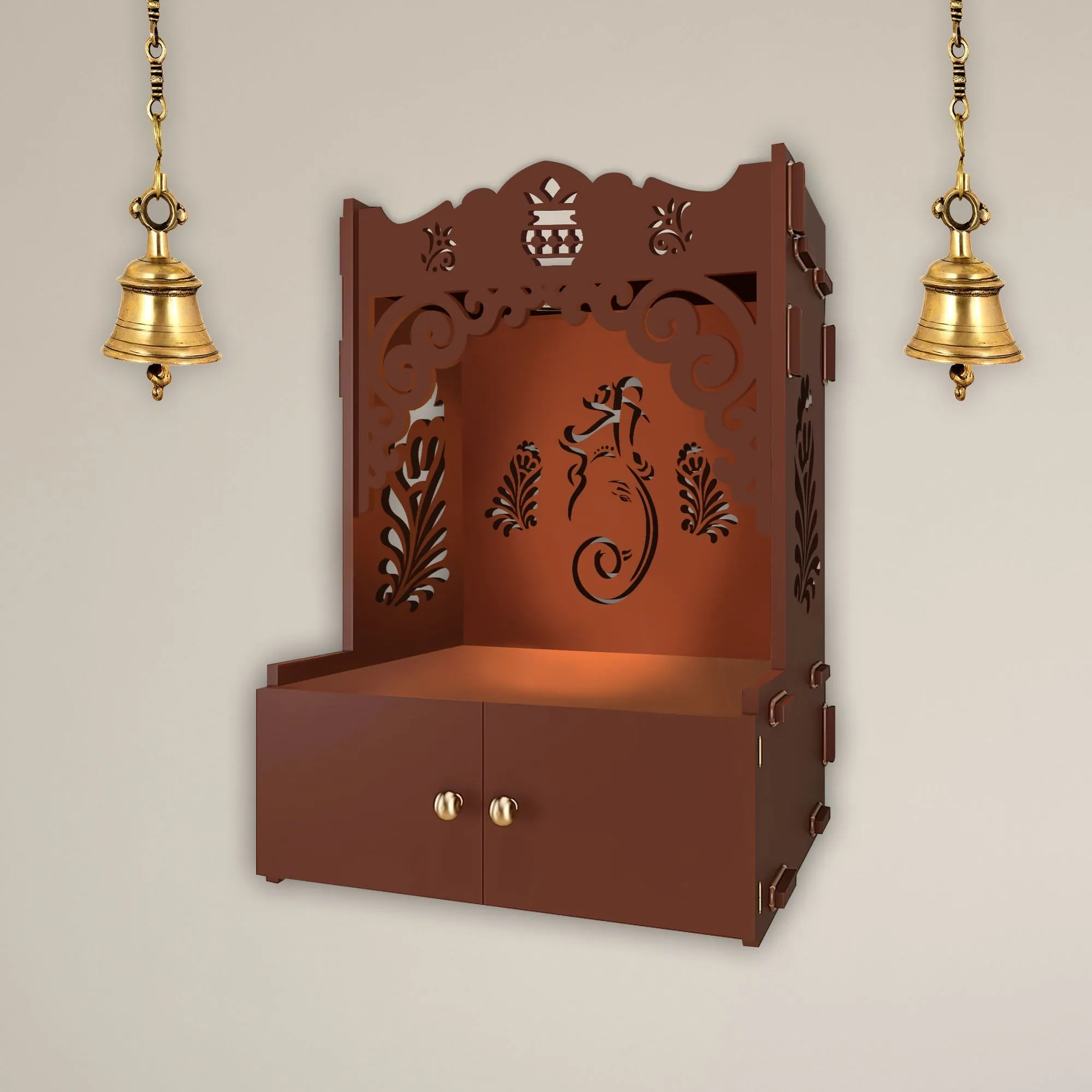 Beautiful Design of Lord Ganesh Brown Wooden Wall Temple for Home With Inbuilt focus Lights & Spacious Shelf