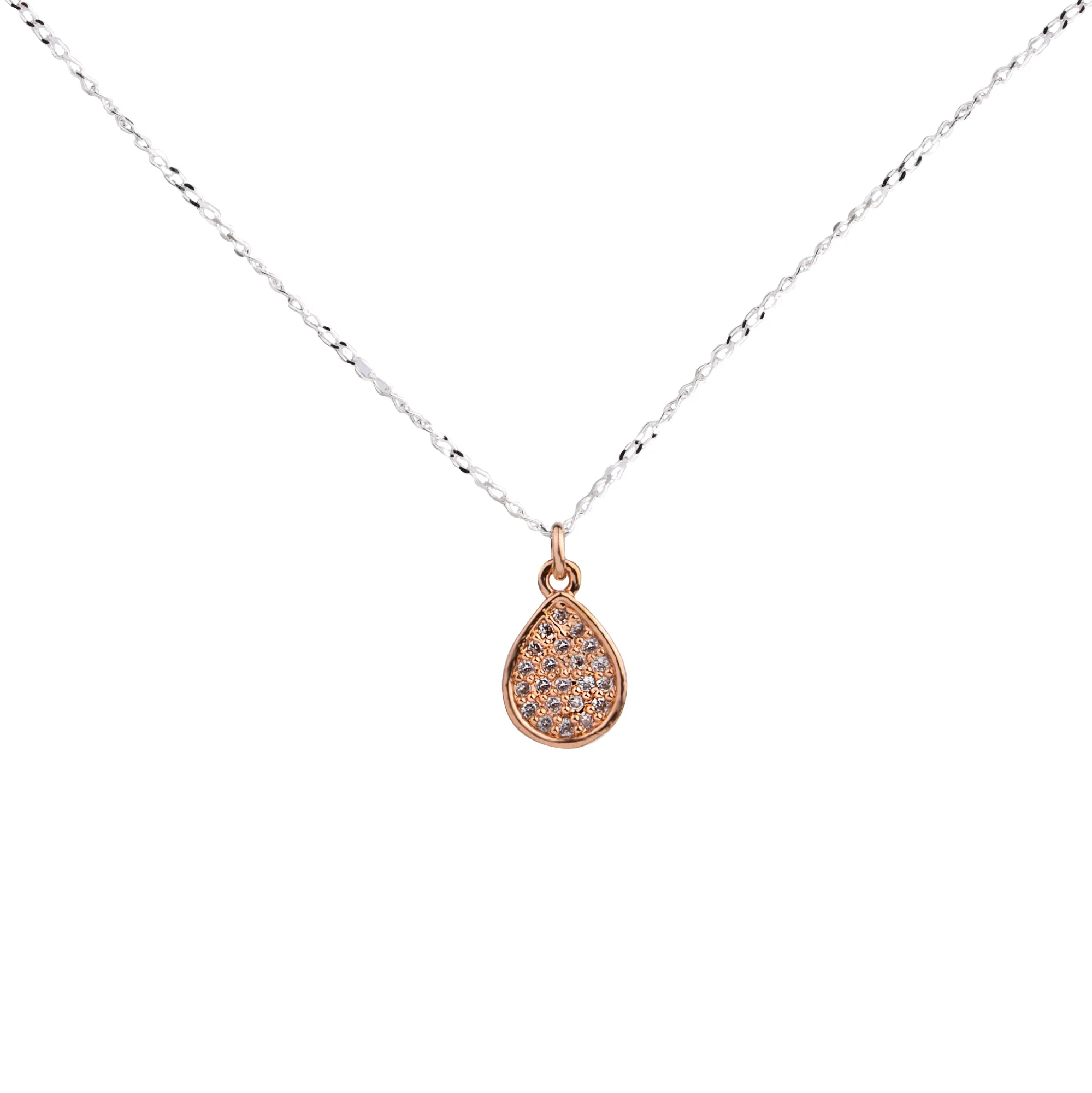 Bella Teardrop Necklace  | Sterling Silver,  Pave CZ Tear Drop-Rose Gold