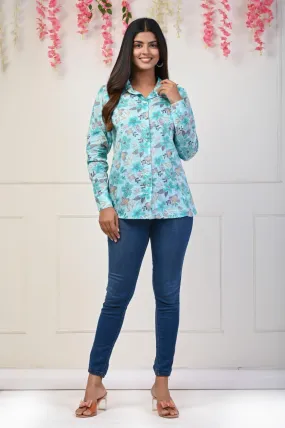 Blue Foil Print Shirt in Indo-Western Style