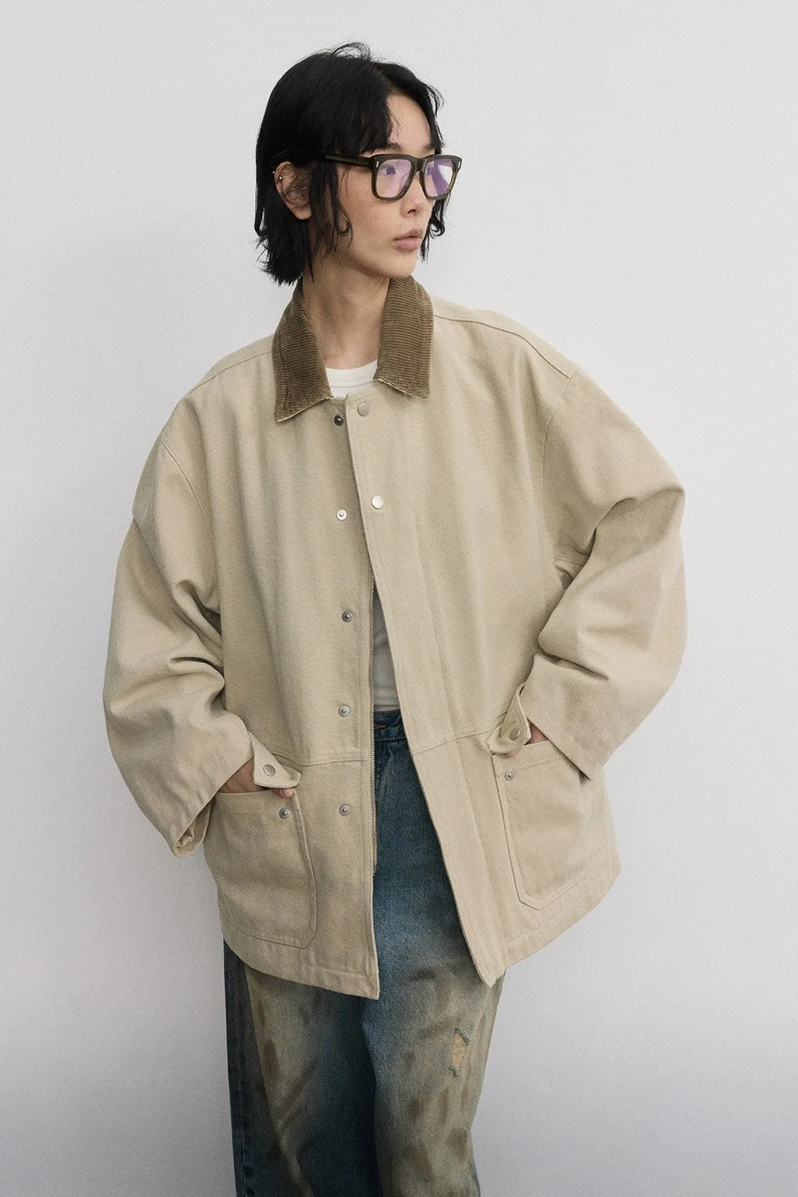 Cotton blend sand-washing workwear-style jacket | 3 color