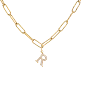 Diamond Letter Pendant Necklace with Paperclip Chain