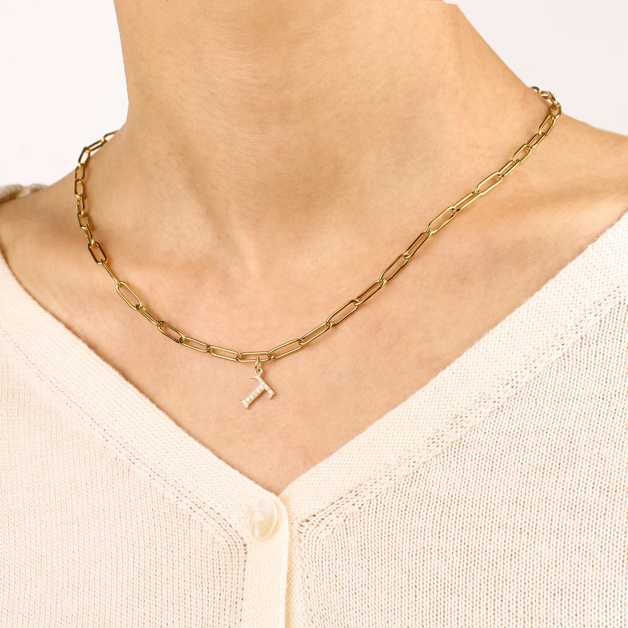 Diamond Letter Pendant Necklace with Paperclip Chain