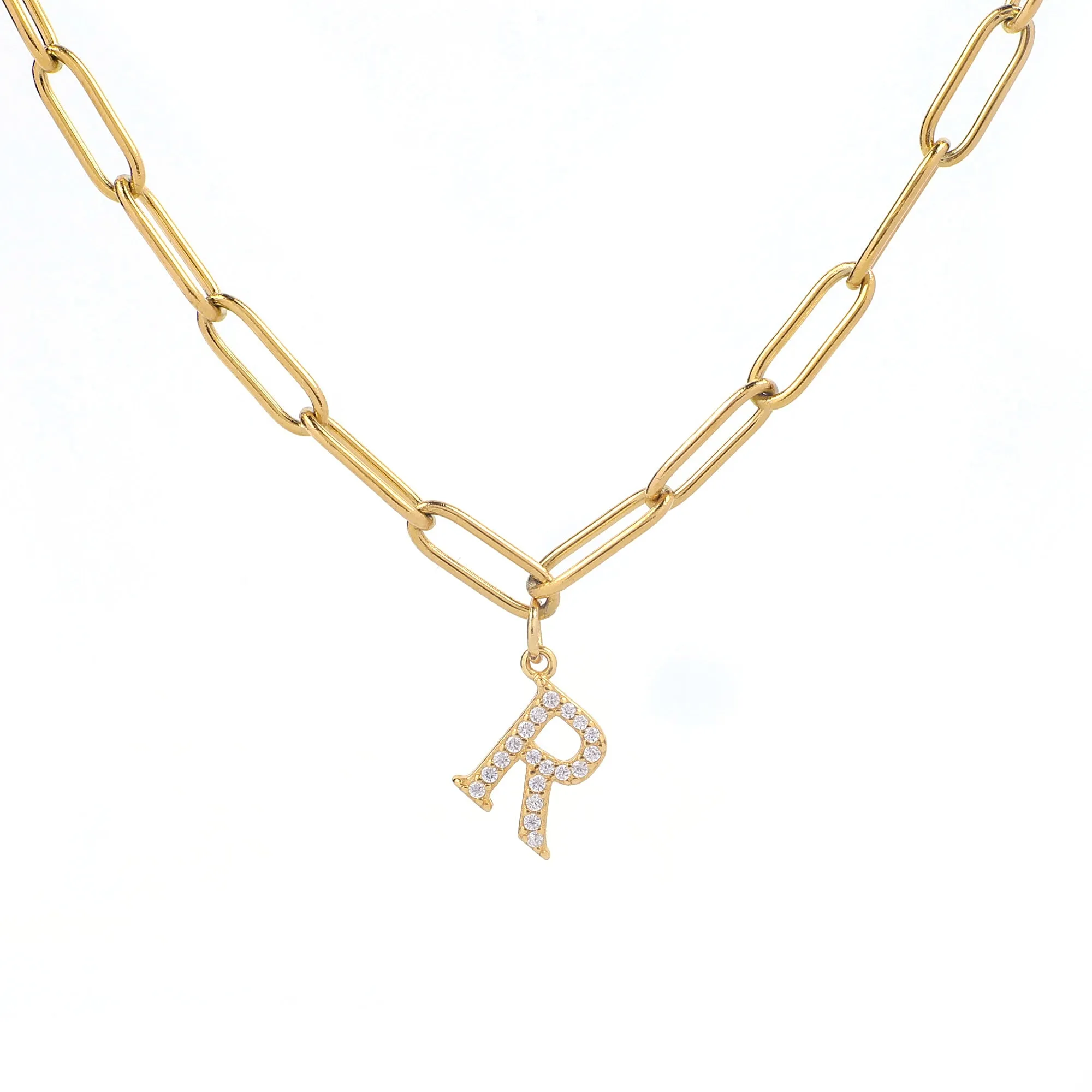 Diamond Letter Pendant Necklace with Paperclip Chain