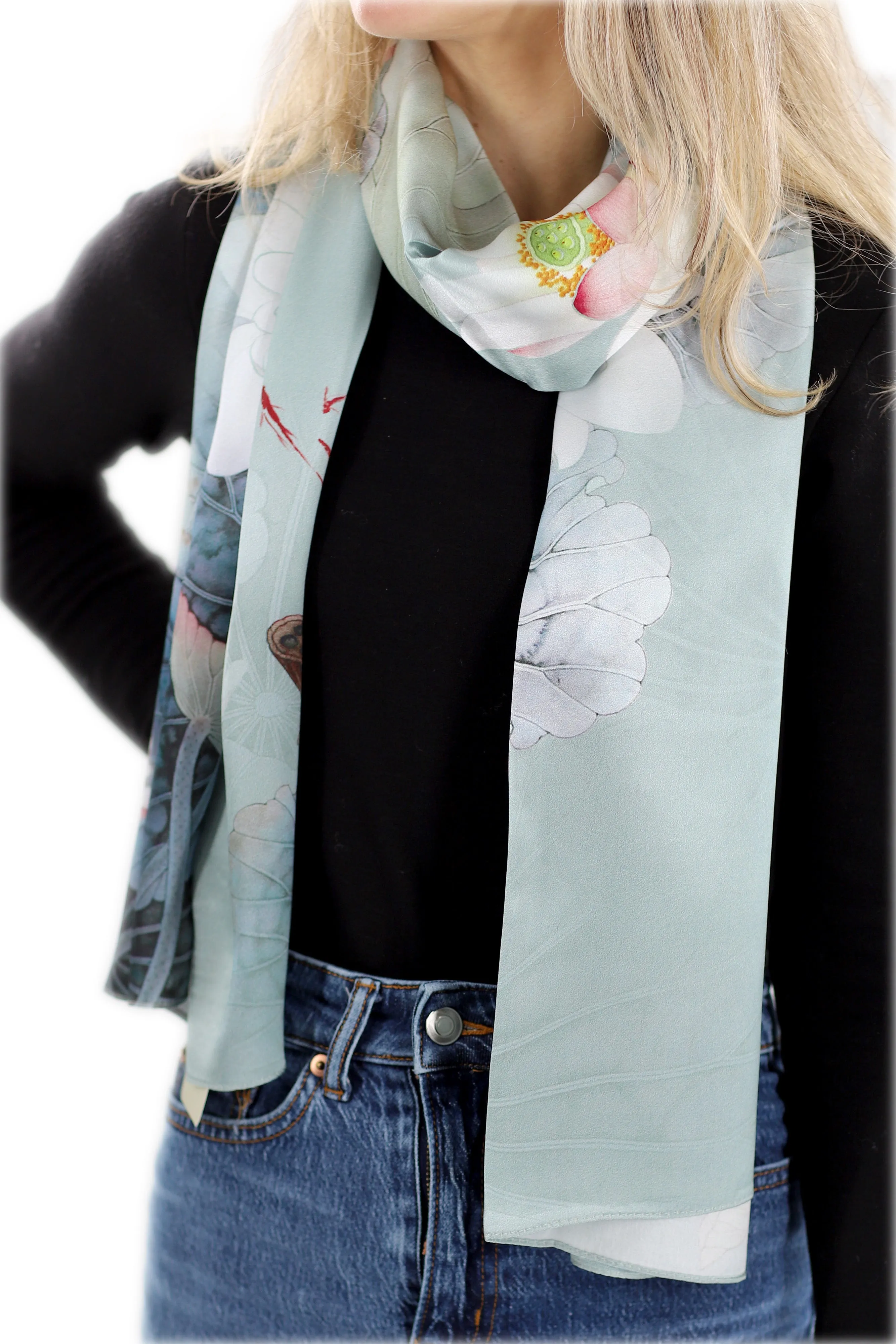 Elegant 100% Silk Floral Print Scarf - Light Green - One Size 68x21.2in)