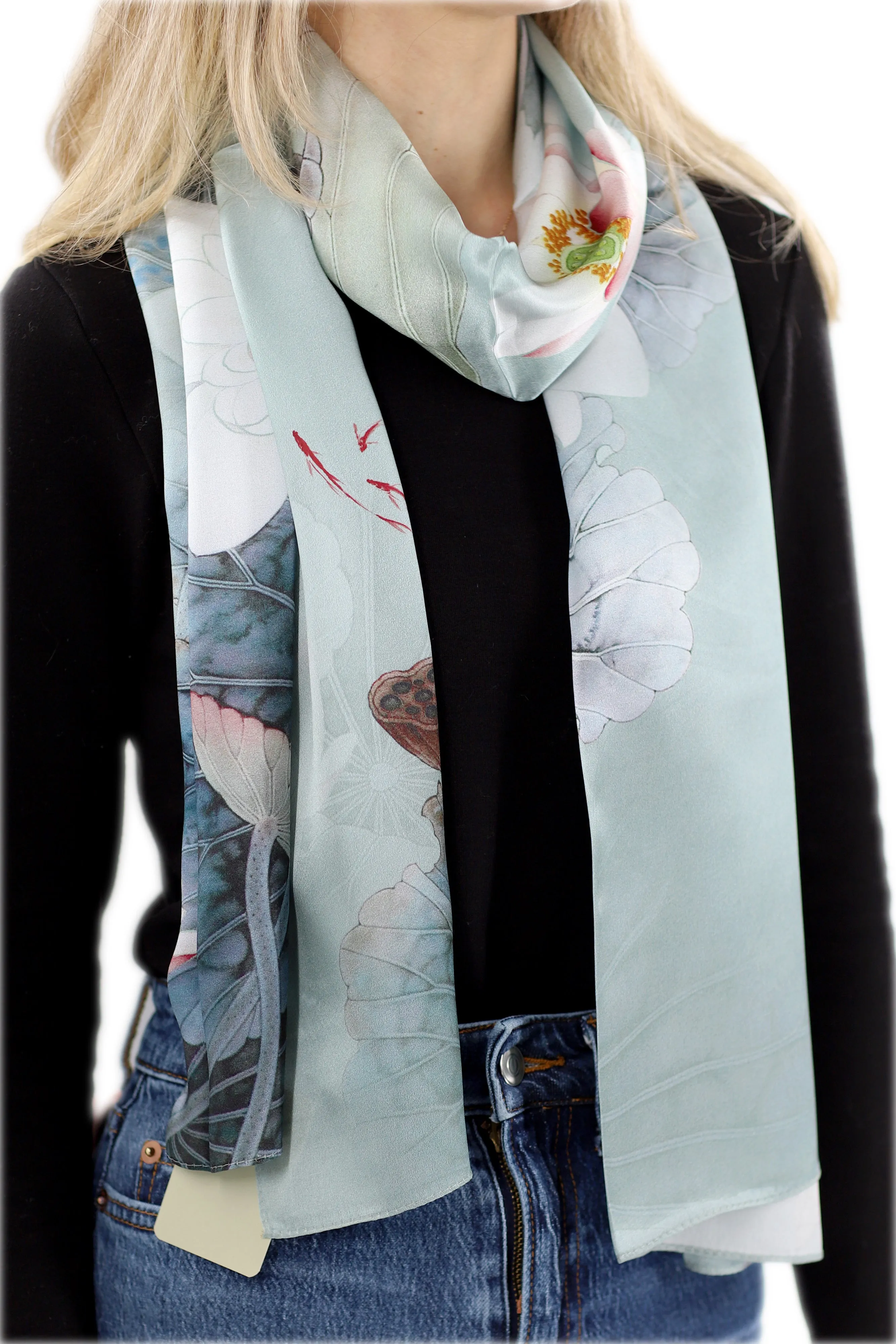 Elegant 100% Silk Floral Print Scarf - Light Green - One Size 68x21.2in)