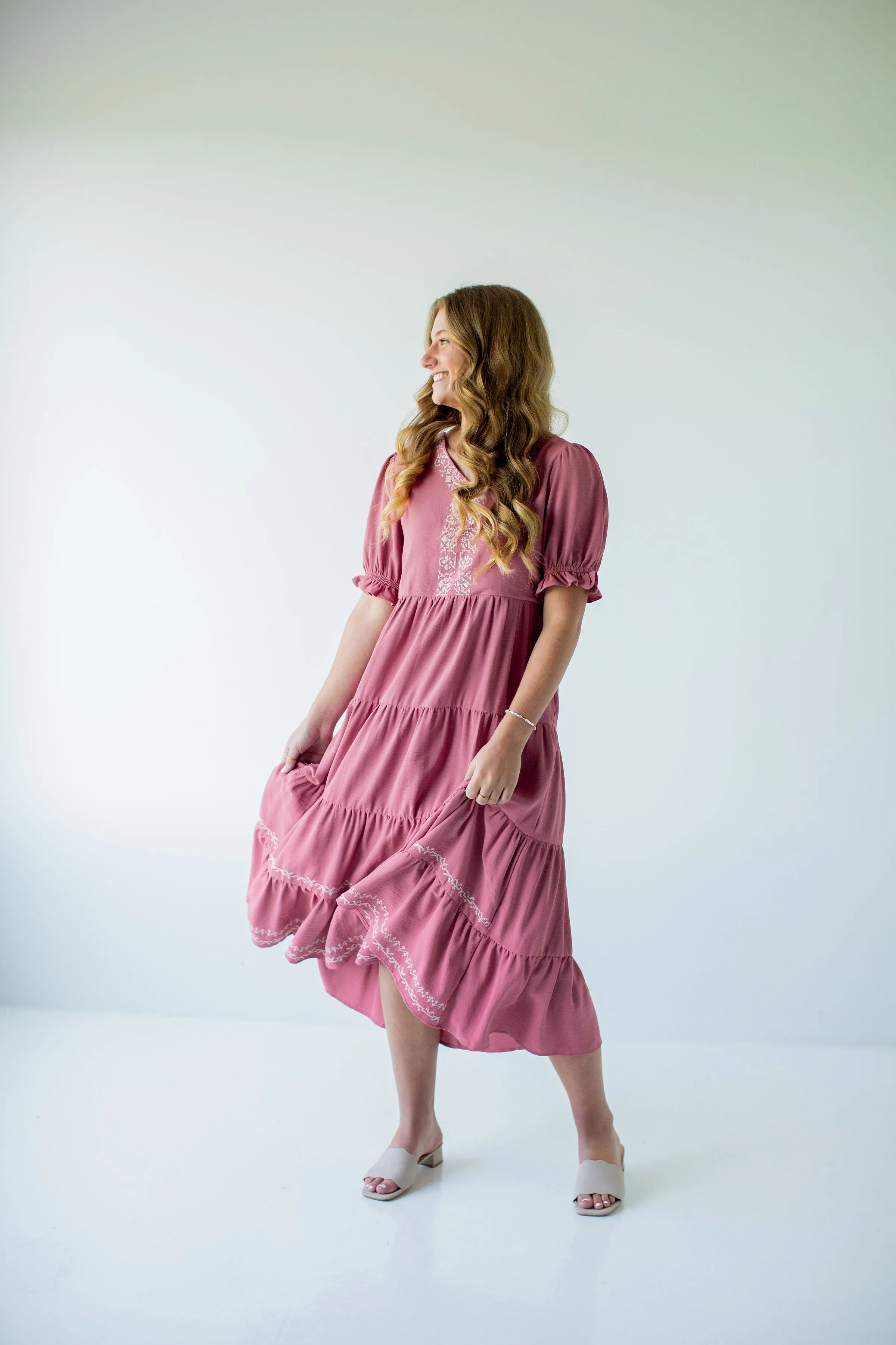 'Elspeth' Embroidered Tiered Midi Dress in Dusty Rose