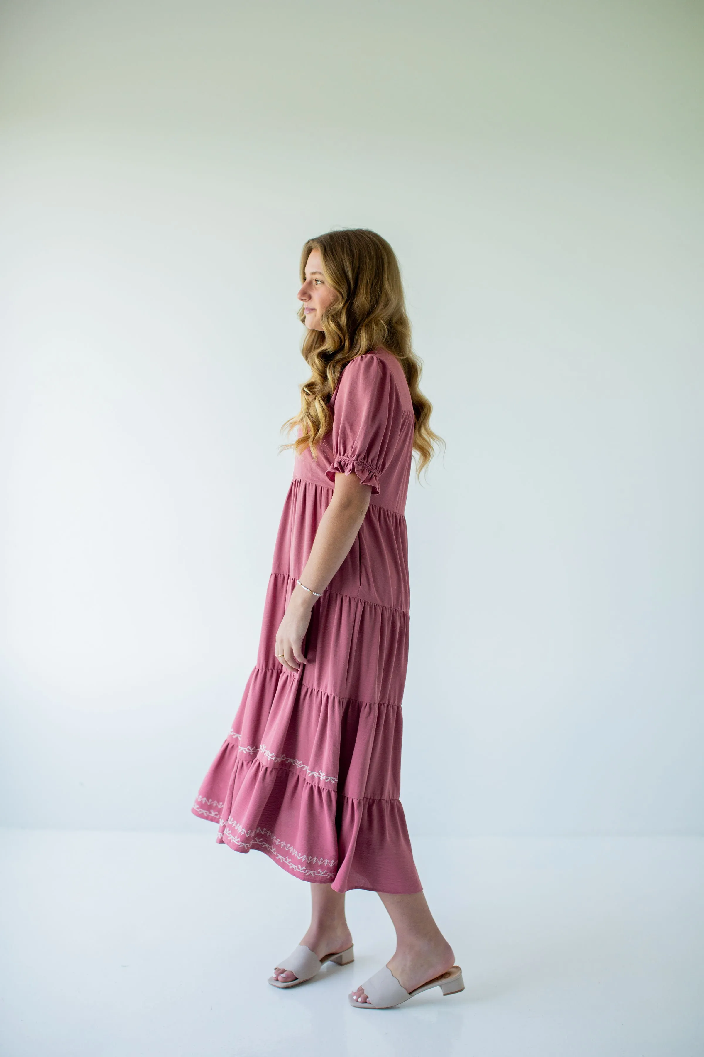 'Elspeth' Embroidered Tiered Midi Dress in Dusty Rose