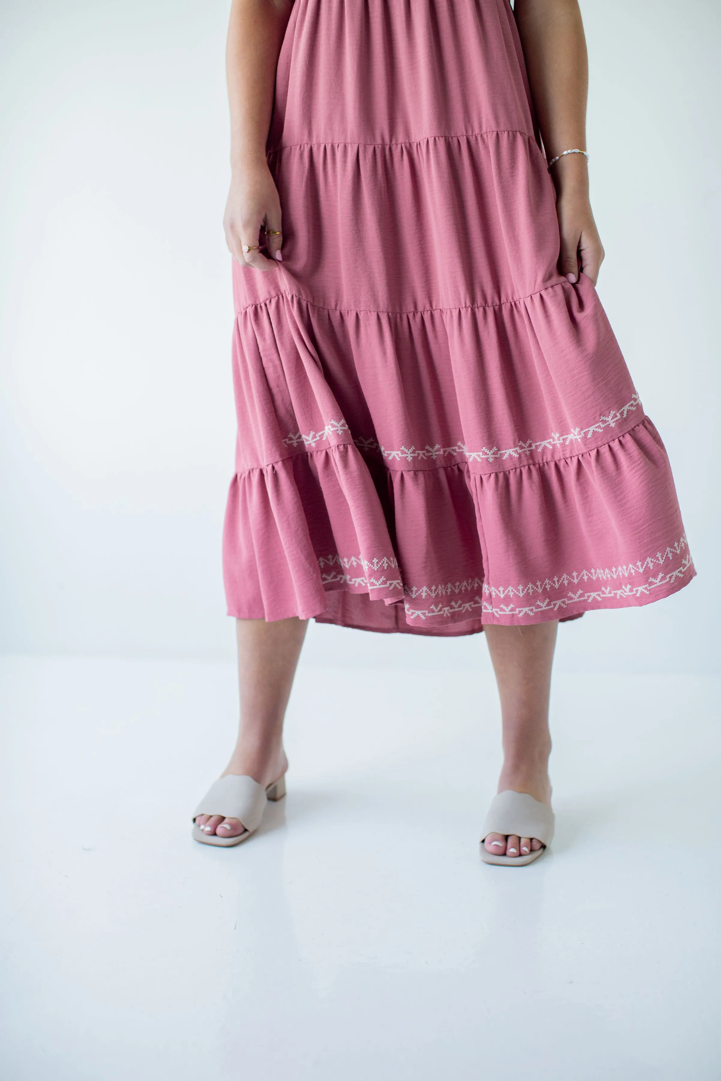 'Elspeth' Embroidered Tiered Midi Dress in Dusty Rose