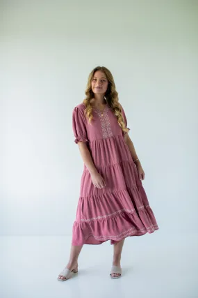 'Elspeth' Embroidered Tiered Midi Dress in Dusty Rose