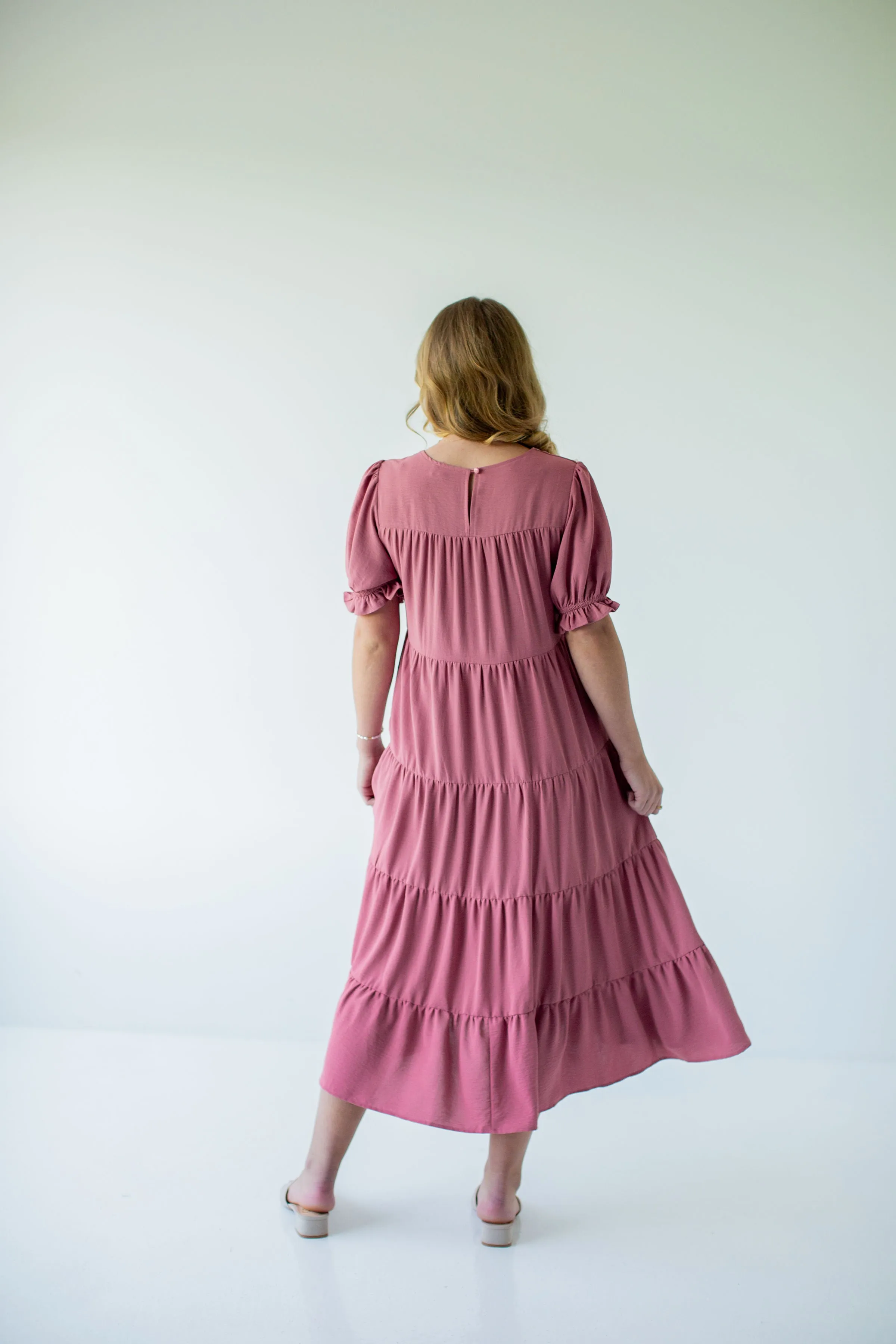 'Elspeth' Embroidered Tiered Midi Dress in Dusty Rose