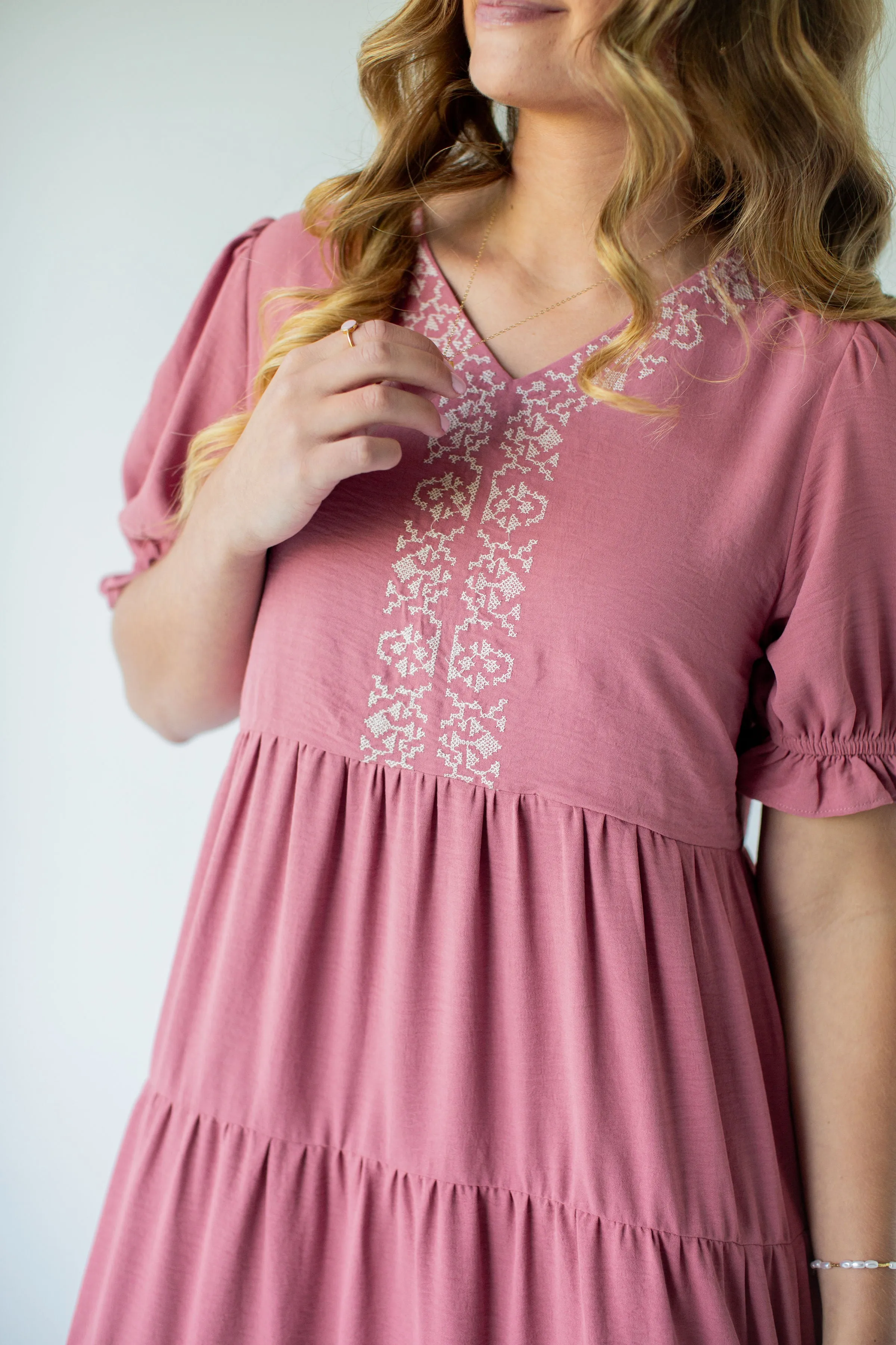 'Elspeth' Embroidered Tiered Midi Dress in Dusty Rose