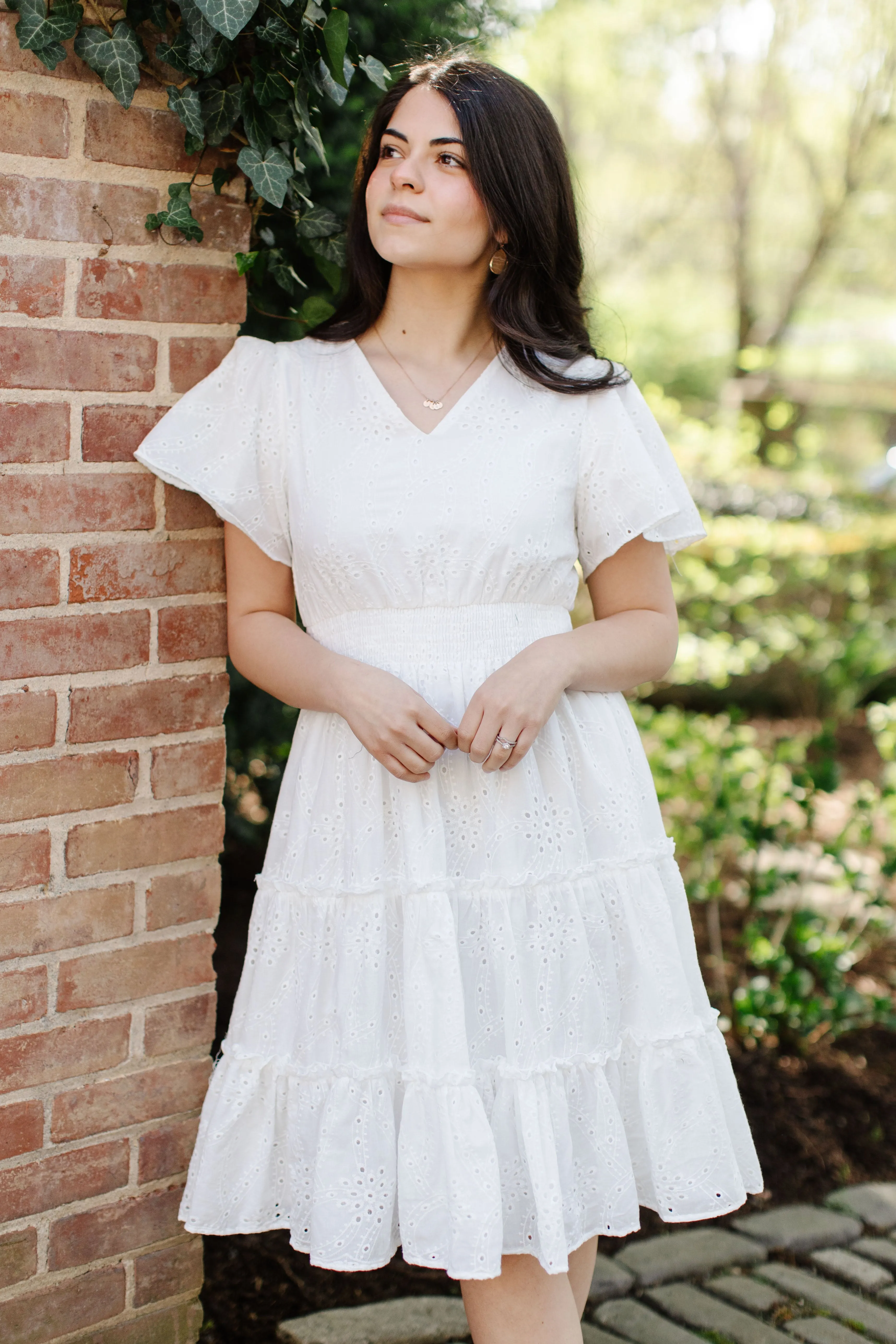 'Geneva' Flutter Sleeve Eyelet Petite Length Dress in White FINAL SALE