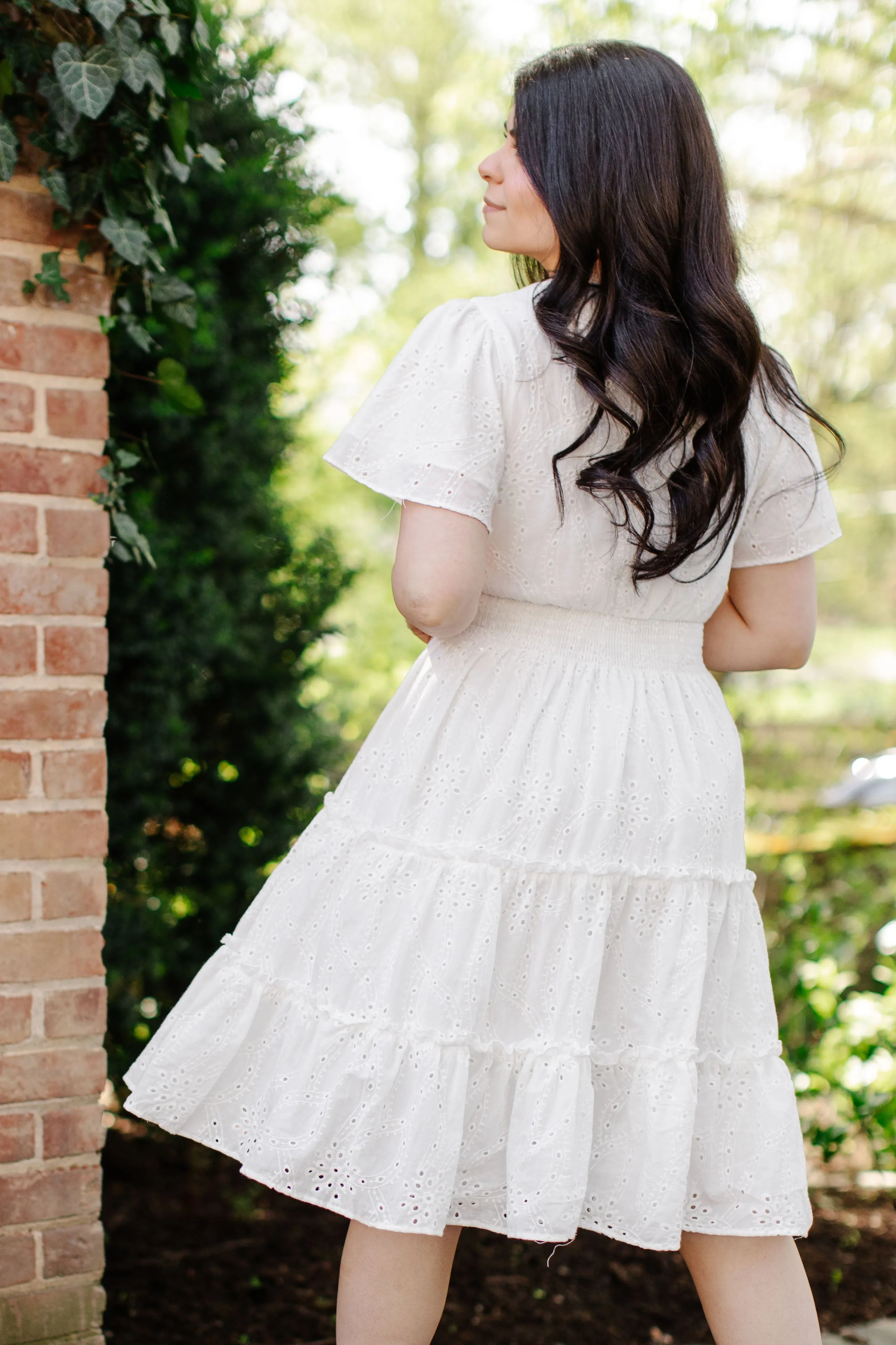 'Geneva' Flutter Sleeve Eyelet Petite Length Dress in White FINAL SALE