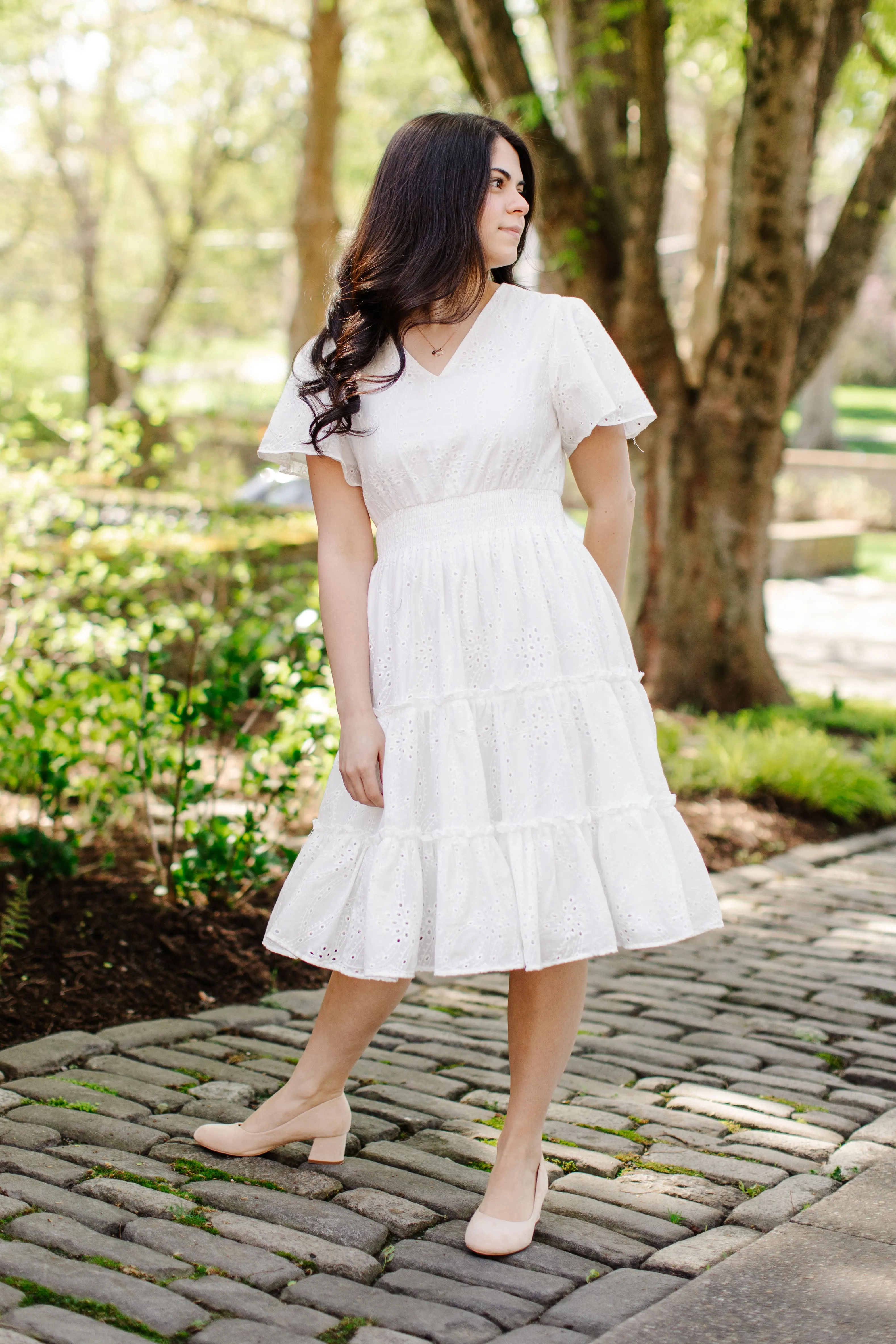 'Geneva' Flutter Sleeve Eyelet Petite Length Dress in White FINAL SALE