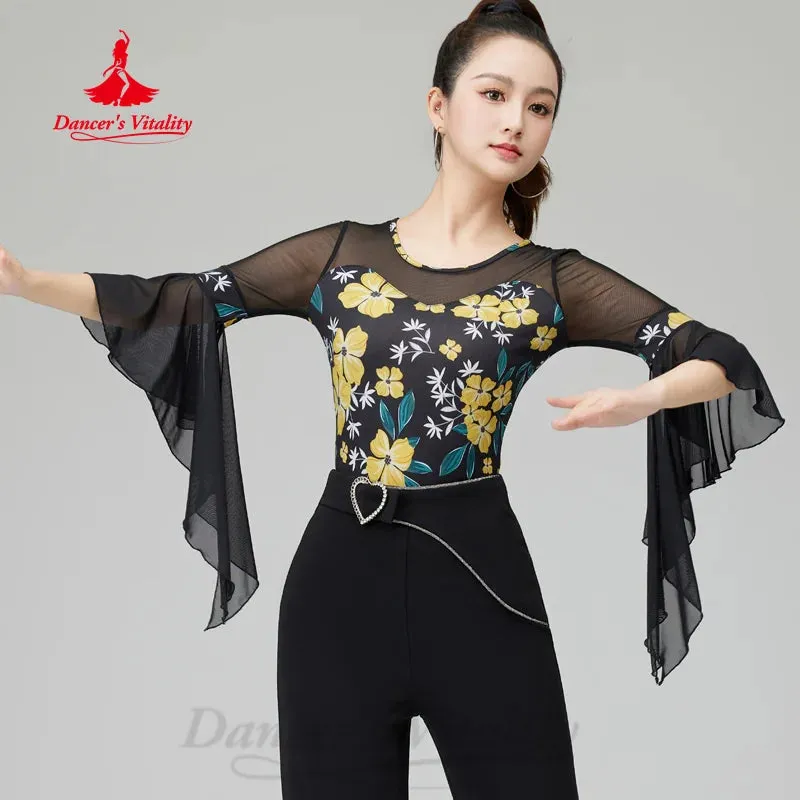 Latin Dance Costume Women's Customized High End Printed Loudsleeve Top Adult Tango Chacha Samba Professional Training Clothes