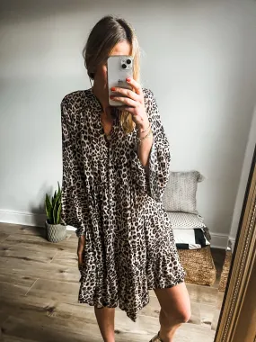 Leopard Print Tiered Mini Smock Dress