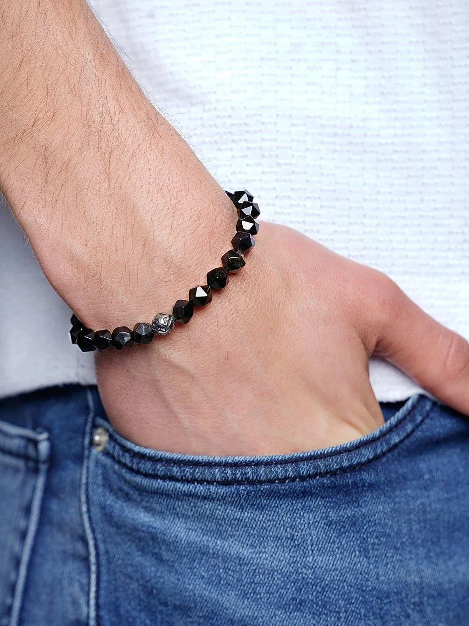 Men's Wristband with Faceted Gold Obsidian and Silver