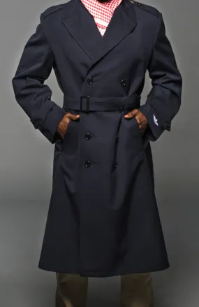 Military Style Navy Blue Gabardine Trench Coat w/Belt