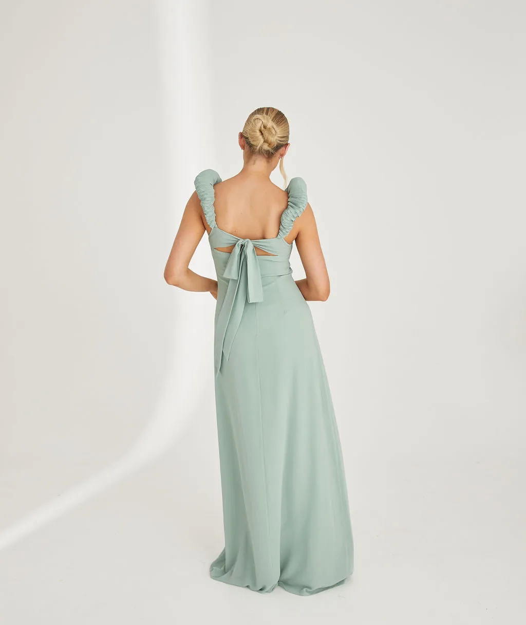 Pleated Statement Shoulder Chiffon Bridesmaid Dress - Sage