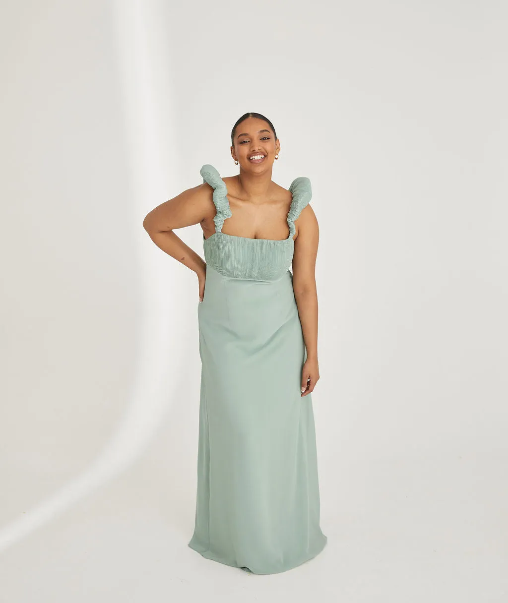 Pleated Statement Shoulder Chiffon Bridesmaid Dress - Sage