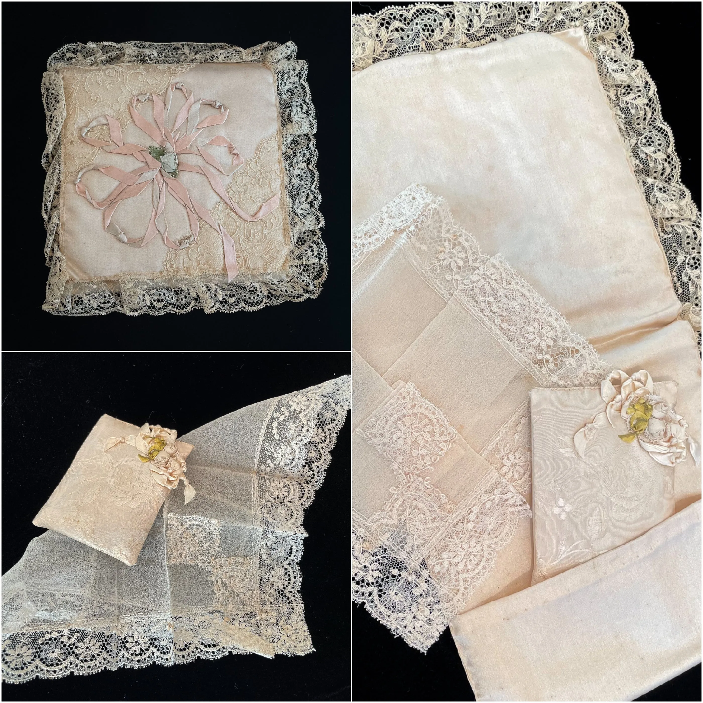 SOLD Antique Wedding Ring Pillow With Handkerchief & Sachet, 1920s Bridal Collection, Ribbon Lace Wedding Memento, Prop Costume Display