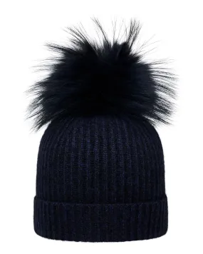 Unisex Ribbed Cashmere Hat With Detachable Pom Navy Blue Melange