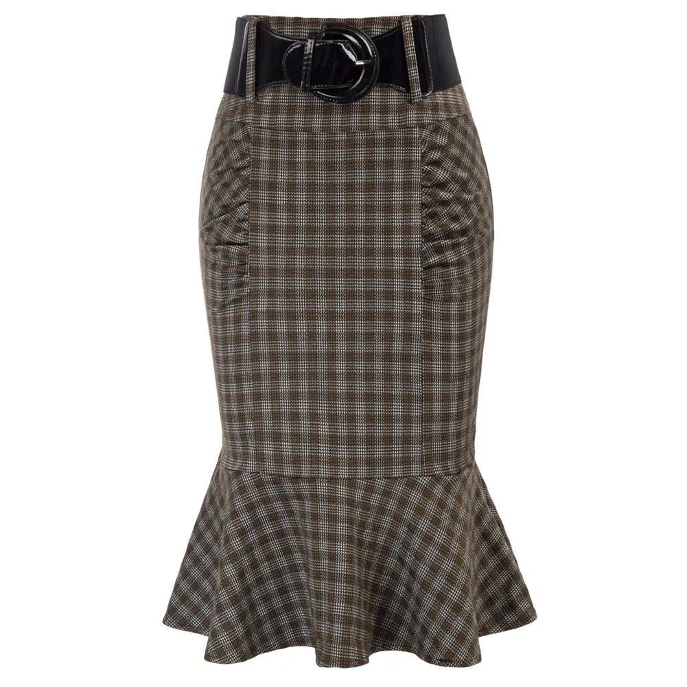 Vintage Fans Look of Plaid Mermaid Hem Shirred Detail Pencil Skirt with Belt