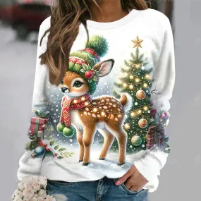 Women's T-Shirt Christmas Elk Pullover Casual Long Sleeve T Shirt for