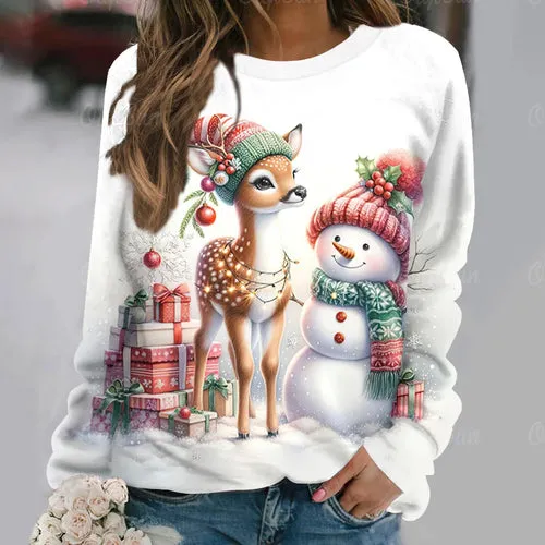 Women's T-Shirt Christmas Elk Pullover Casual Long Sleeve T Shirt for