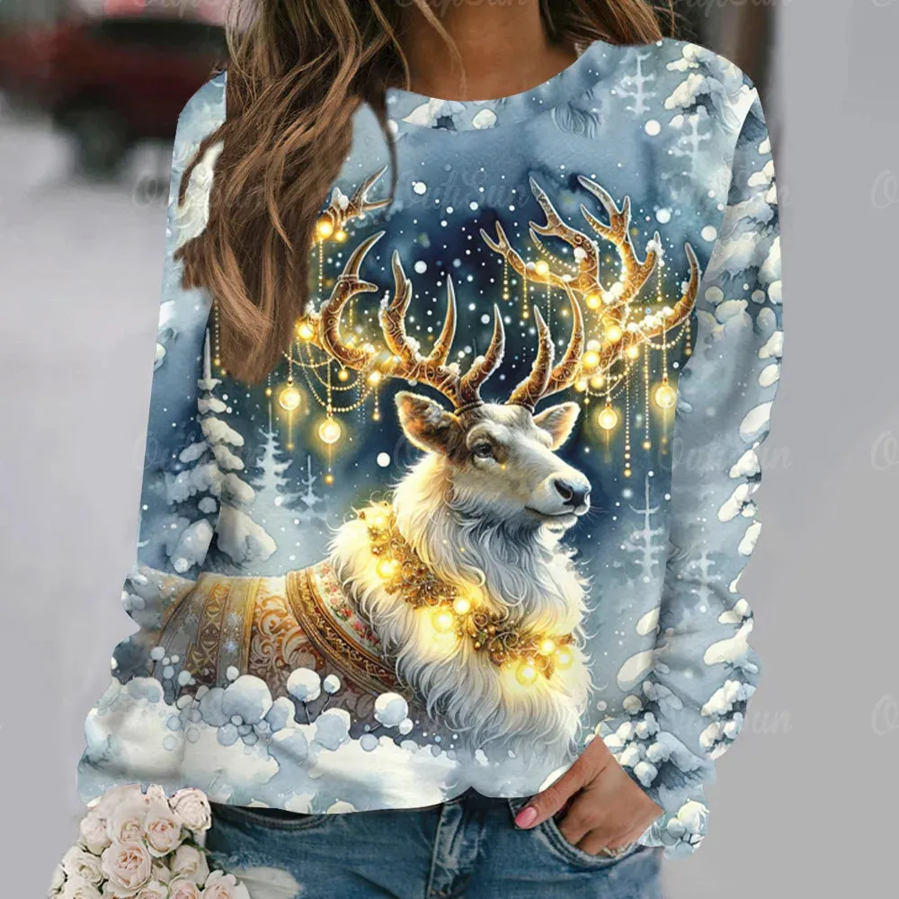 Women's T-Shirt Christmas Elk Pullover Casual Long Sleeve T Shirt for